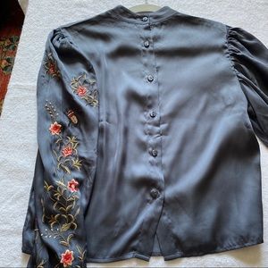 Silk Blouse with Puff Sleeves and Embroidery